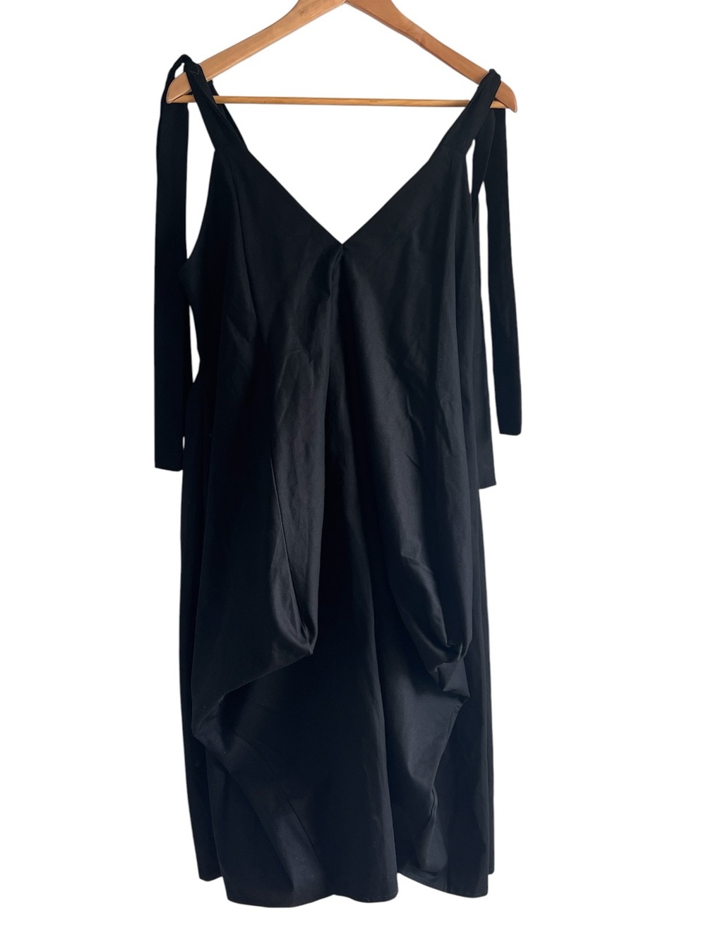 Johann Brun 🇬🇧 black thick cotton balloon hem sleeveless tie shoulder dress - Picture 6 of 15